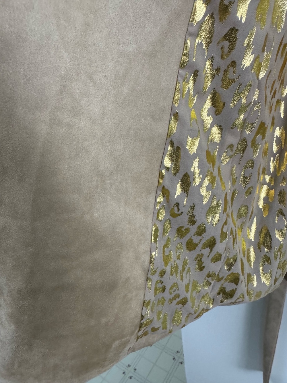 Judith March Taupe Faux Suede Waterfall Jacket Leopard Lining Faux Fur Cuffs L - Picture 8 of 16